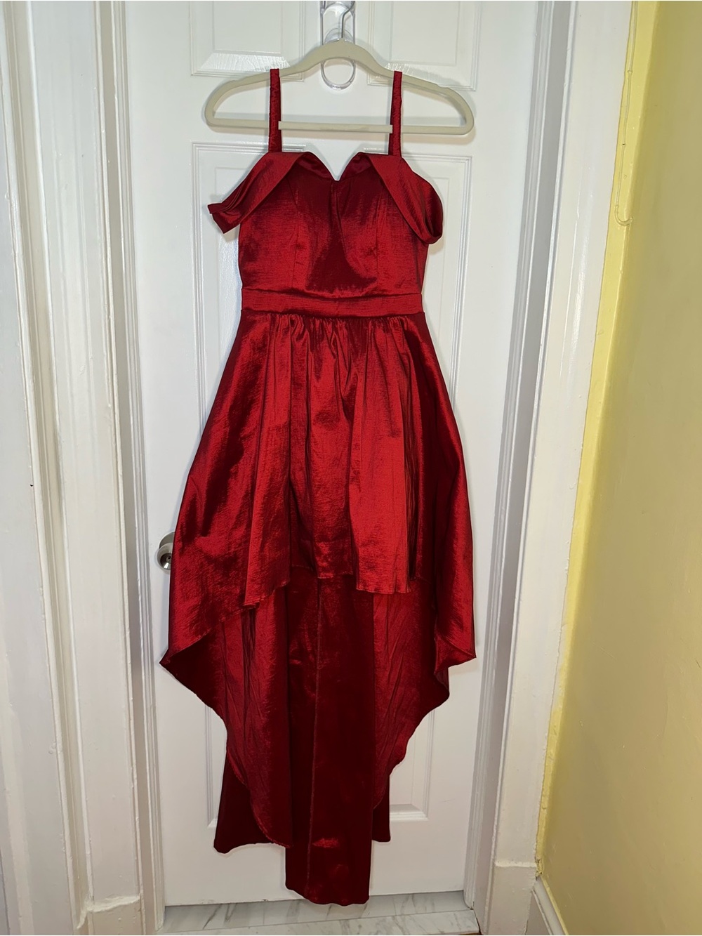 B Darlin Red Satin Off-Shoulder High-Low Girls' Party Dress
